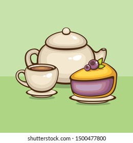 Tea and blueberry cake. Traditional dessert. Vector illustration for cafe menu.