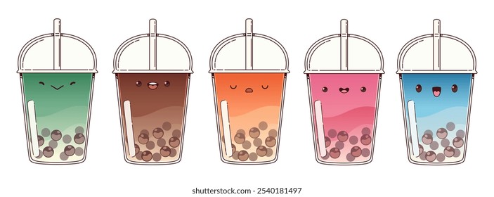 Tea boba drink with bubble vector. Cute juice icon with kawaii face on glass. Summer asian smoothie with balls set. Plastic cup with trendy taiwan cocktail. Fruit syrup in pink dessert beverage