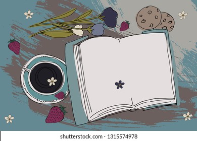 Tea, book, flowers relax illustration for your design: posters, banners, mock ups