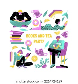 Tea and books party. Reading club event banner with people reading books and tea accessories. Funny characters in flat style