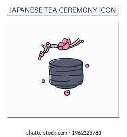 Tea bowl color icon.Special cup for preparing and drinking tea. Japanese ethnic and national ceremony. Sakura twig. Tea ceremony concept.Isolated vector illustration