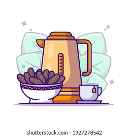 Té y Tazón de dátiles Ilustración de dibujos animados vectores. Icono de kareem de Ramadán Concepto de blanco aislado. Estilo de caricatura plano adecuado para la página de aterrizaje web, pancarta, etiqueta y fondo