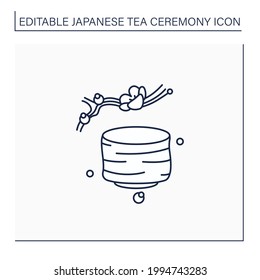 Tea bowl line icon.Special cup for preparing and drinking tea. Japanese ethnic and national ceremony. Sakura twig. Tea ceremony concept.Isolated vector illustration.Editable stroke