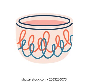 Tea bowl, modern ceramic cup. Drinking teabowl with abstract decor. Doodle beaker. Trendy mug for beverages. Flat vector illustration of crockery isolated on white background