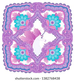 Tea box packaging design, cushion oa square shawl with unicorns head with mane in shape of lilac viburnum leaves. Ornamental  border with paisley and mandala flower on white background,