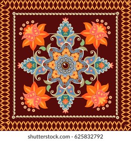Tea box packaging design. Floral paisley pattern. Greeting card, pillow, rug, kerchief. Vector template.