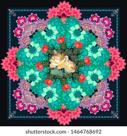 Tea box packaging design, greeting or invitation card, cushion, napkin, bandana print with light yellow roses on green paisley ornament, emerald color fantastic flowers and decorative frame. 