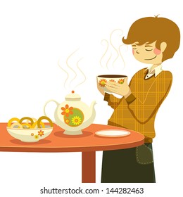 Tea. Boy drinking morning tea, illustration
