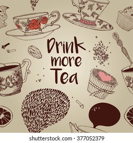 Tea Branding Design.Tea design set cards. Sweet pattern. Greeting floral card. Invitation. Tea,sweets seamless doodle pattern