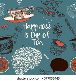 Tea Branding Design.Tea design set cards. Sweet pattern. Greeting floral card. Invitation. Tea,sweets seamless doodle pattern
