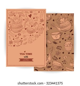 Tea Branding Design. Tea, sweets doodle cards. Tea label, background, brand. Banner