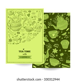 Tea Branding Design. Tea, sweets doodle cards. Tea label, background, brand. Banner. 