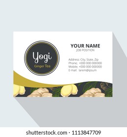 Tea Branding with Ginger root and leaves. Corporate Business card. Trendy style with Yogi  Ginger tea. Tea Branding Element for design invitations, gift cards, flyers and brochures.