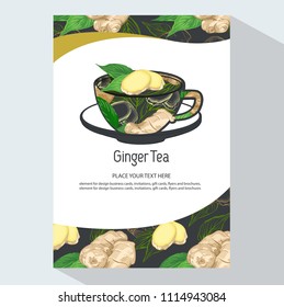 Tea Branding with Ginger root and leaves. Brochure flyer design template. Trendy style with Ginger tea. Tea Branding Element for design invitations, gift cards, flyers and brochures.