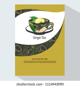 Tea Branding with Ginger root and leaves. Brochure flyer design template. Trendy style with Ginger tea. Tea Branding Element for design invitations, gift cards, flyers and brochures.