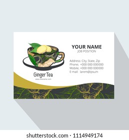 Tea Branding with Ginger root and leaves. Corporate Business card. Trendy style with Ginger tea. Tea Branding Element for design invitations, gift cards, flyers and brochures.