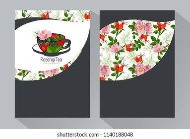 Tea Branding and Packaging with Cup of tea with dog rose: branch of  rose hip, berries, rosehip flowers and leaves. Tea Branding Element for design invitations, gift cards, flyers and brochures.  