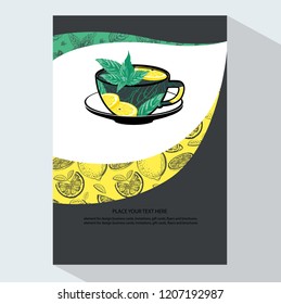  Tea Branding and Packaging with a cup of tea, lemon and mint leaves. Tea Branding Element for design invitations, gift cards, flyers, packaging  and brochures.