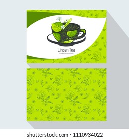 Tea Branding and Packaging with Cup of tea with Linden leaves. Corporate Business card. Tea Branding Element for design invitations, gift cards, flyers and brochures.  