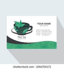 Tea Branding and Packaging with Cup of tea with Mint leaves. Corporate Business card. Tea Branding Element for design invitations, gift cards, flyers and brochures.  