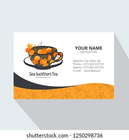 Tea Branding and Packaging with Cup of tea with Sea buckthorn. Corporate Business card. Tea Branding Element for design invitations, gift cards, flyers and brochures. 