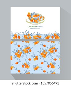 Tea Branding and Packaging with Cup of tea with Sea buckthorn. Corporate Business card. Tea Branding Element for design invitations, gift cards, flyers and brochures. 