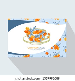 Tea Branding and Packaging with Cup of tea with Sea buckthorn. Corporate Business card. Tea Branding Element for design invitations, gift cards, flyers and brochures. Vector illustration