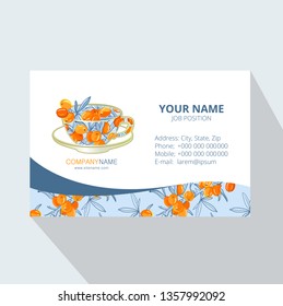 Tea Branding and Packaging with Cup of tea with Sea buckthorn. Corporate Business card. Tea Branding Element for design invitations, gift cards, flyers and brochures. Vector illustration
