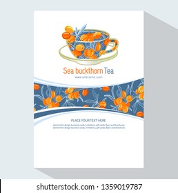 Tea Branding and Packaging with Cup of tea with Sea buckthorn. Brochure flyer design template vector.  Sea buckthorn tea.  Hand drawn eco design for fabric and packaging- tea.