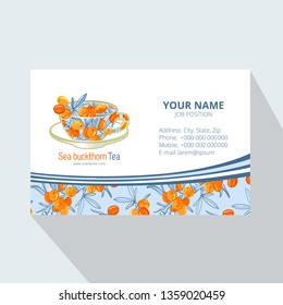 Tea Branding and Packaging with Cup of tea with Sea buckthorn. Corporate Business card. Tea Branding Element for design invitations, gift cards, flyers and brochures. Vector illustration