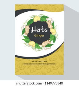 Tea Branding and Packaging  with  fresh ginger root and ginger leaves. Brochure flyer design template vector.  Tea Branding Element for design invitations, flyers and brochures. Vector illustration.