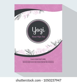 Tea Branding and Packaging  with Rosehip flowers and berries and tea leaves. Brochure flyer design template vector. Trendy style with Yogi tea. Vector illustration.