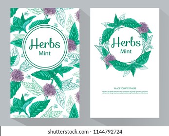 Tea Branding and Packaging with round flower frame of mint flowers and leaves. Tea Branding Element for design invitations, gift cards, flyers and brochures.  