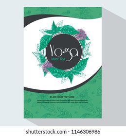 Tea Branding and Packaging with round flower frame of mint flowers and leaves. Tea Branding Element for design invitations, gift cards, flyers and brochures.  