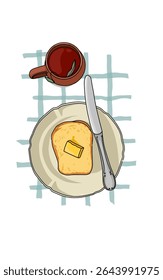 Tea ,Bread with melted butter on a beautiful plate and stainless steel knife. Food on tablecloth