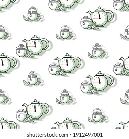Tea break background. Teapot, clock. Green tea. Cup, green fresh mint leaves.  Seamless pattern. Design for textiles, packaging materials. Vector graphic illustration isolated on white background.
