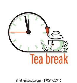 Tea Break. Clock, Tea Time Icon, Emblem. Green Tea. Cup, Green Fresh Mint Leaves. Design For Web, App, Packaging Materials. Vector Graphic Illustration Isolated On White Background.