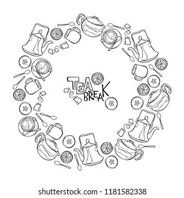 Tea Break. Frame round. Lettering. Teapot and cup. Hot drink. Fruits: apple and lemon. Isolated vector object on white background.