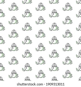 Tea break. Green tea. Cup, green fresh mint leaves.Tea background. Seamless pattern. Design for textiles, web, app, packaging materials. Vector graphic illustration isolated on white background.