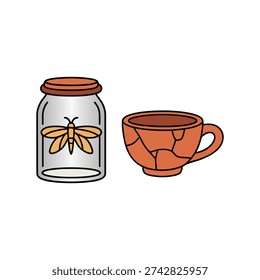 Tea break with honey jar and cup, spring picnic icons for garden club meetup, beekeeping talk session, tasting table