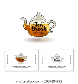 Tea break logo. Cafe and tea bar emblem. Identity. Business card. Glassy teapot with tea and letters.