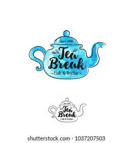 Tea break logo. Cafe and tea bar emblem. Identity. Business card. Blue teapot and letters.