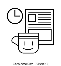 Tea break with newspaper - thin line icon