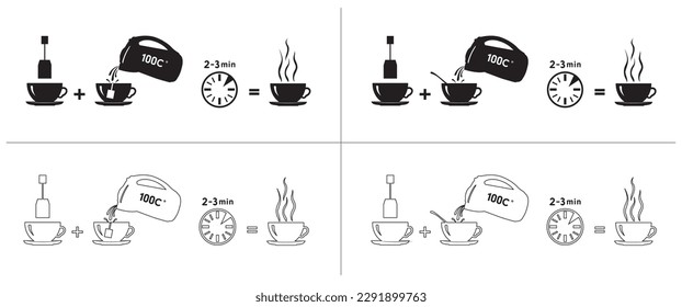 Iconos de instrucción de corte de té. Conjunto de iconos de té delineados. Instrucción para la elaboración del té, directrices. Cómo hacer té. Elemento de diseño de paquetes. Plantilla de elemento de diseño.Ilustración vectorial