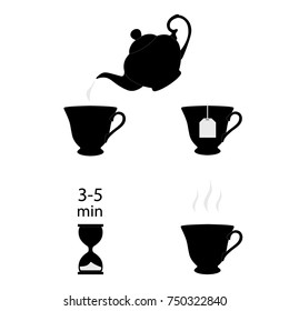 Tea brew instruction icons. Set of black silhouette tea icons. Tea making instruction, guidelines. How to make tea. Package design element. Design element template. Vector illustration