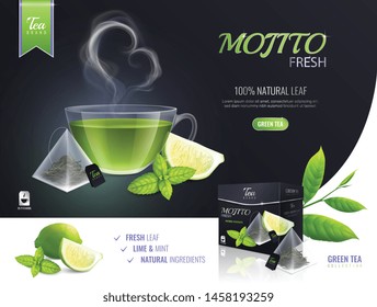Composición publicitaria de la bolsa de elaboración de té con imágenes realistas de rodajas de cal hojas de menta y ilustración vectorial del paquete de producto
