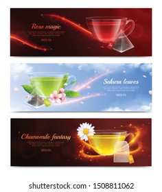 Tea brewing bag realistic banner set with rose magic sakura leaves and chamomile fantasy headlines vector illustration