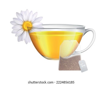 Tea brewing bag realistic composition with transparent cup of tea and tea leaves on blank background vector illustration