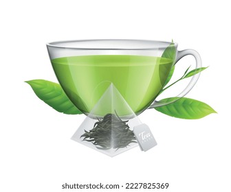Bolsa de elaboración de té composición realista con una taza transparente de té y té en la ilustración vectorial de fondo en blanco