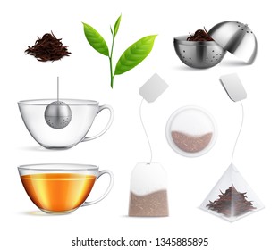 Tea brewing bag realistic icon set different types of tea brewing strainer and tea bag par example vector illustrationK